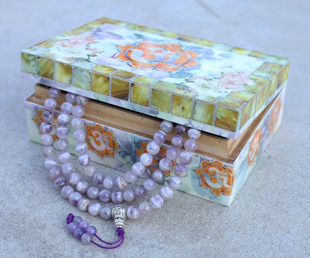 Tibetan Amethyst 108 Beads Mala Meditation Yoga With Silver Guru Bead, Silver Spacers And Mala Wooden Box