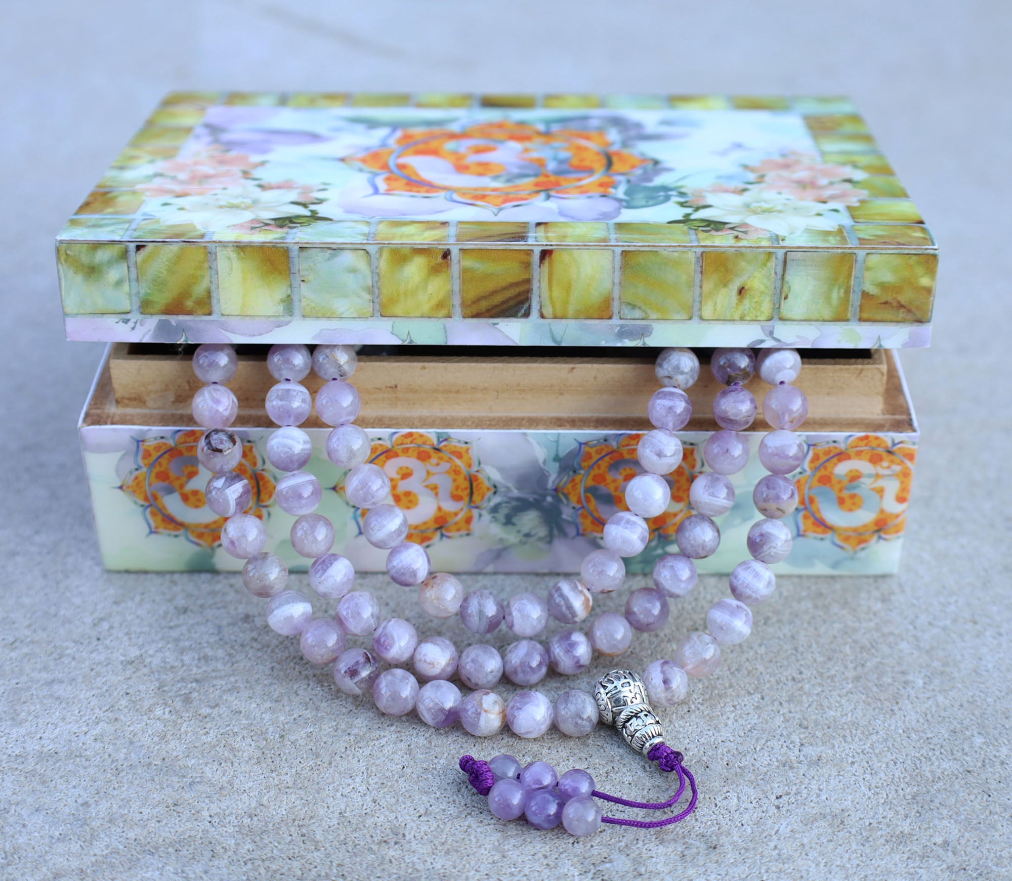 Tibetan Amethyst 108 Bead Meditation Mala | Om Mani Padme Hum Prayer Beads | Buddhist Gemstone Japa Mala | Yoga Spiritual Gift - DharmaObjects