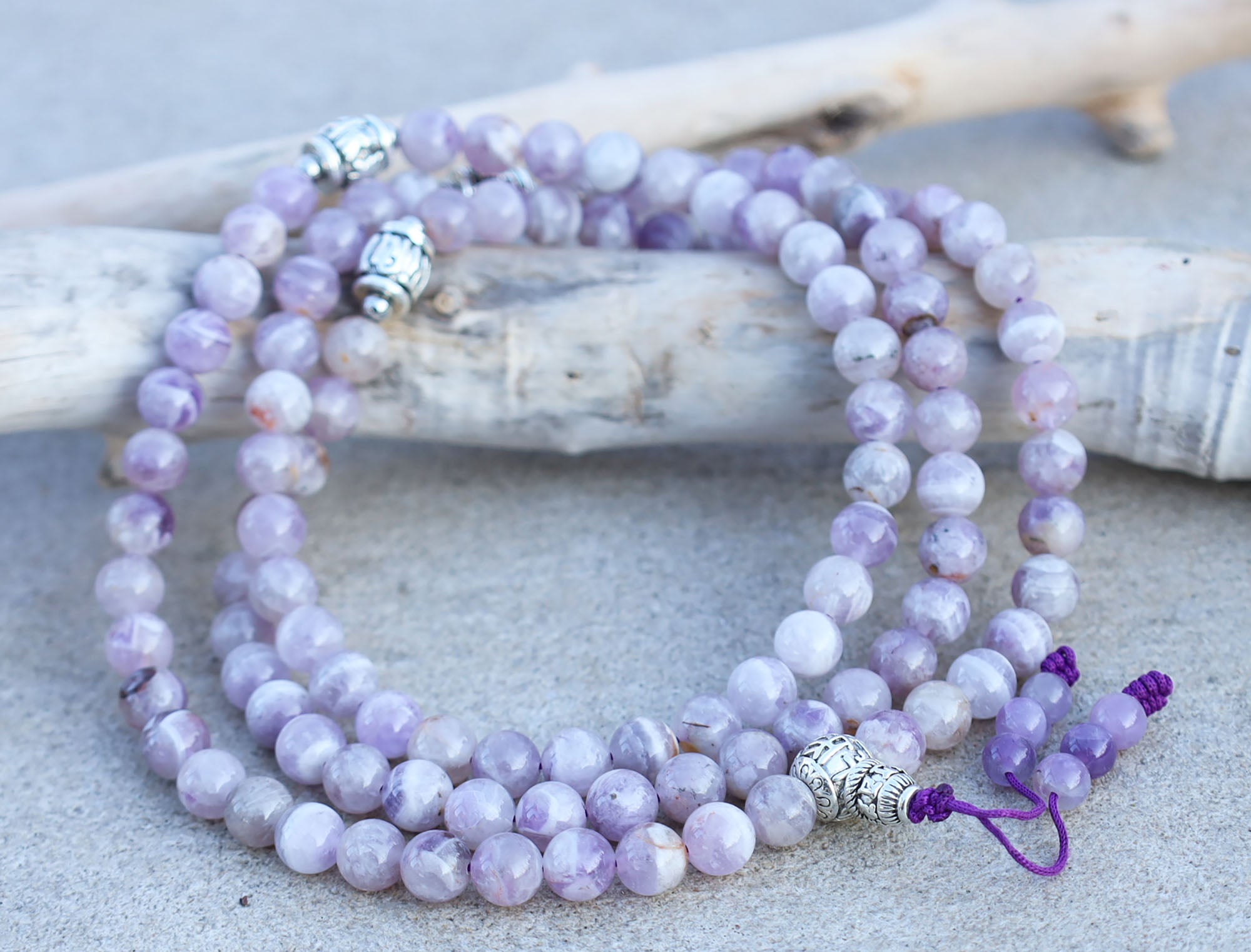 Tibetan Amethyst 108 Bead Meditation Mala | Om Mani Padme Hum Prayer Beads | Buddhist Gemstone Japa Mala | Yoga Spiritual Gift - DharmaObjects