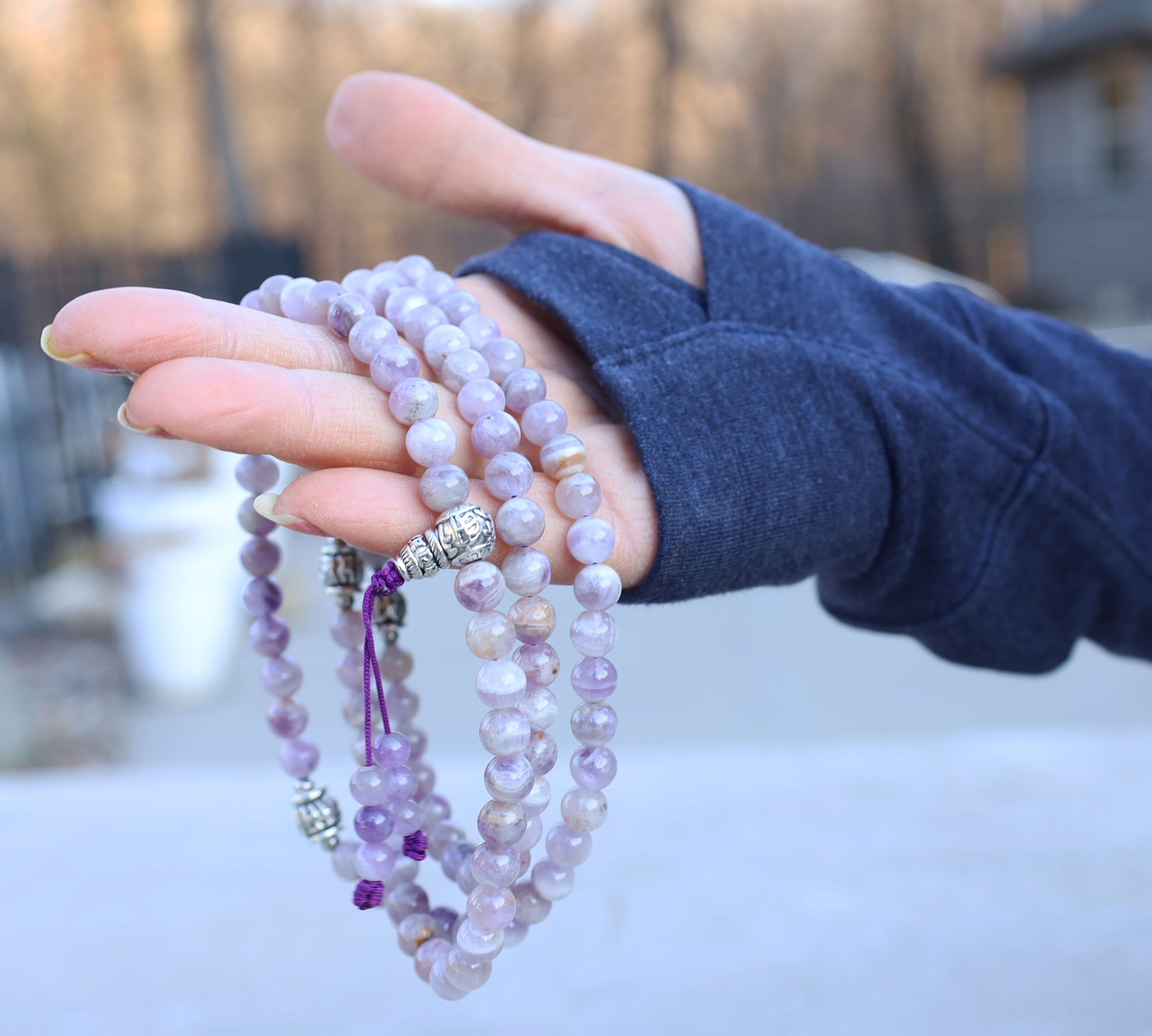 Tibetan Amethyst 108 Bead Meditation Mala | Om Mani Padme Hum Prayer Beads | Buddhist Gemstone Japa Mala | Yoga Spiritual Gift - DharmaObjects