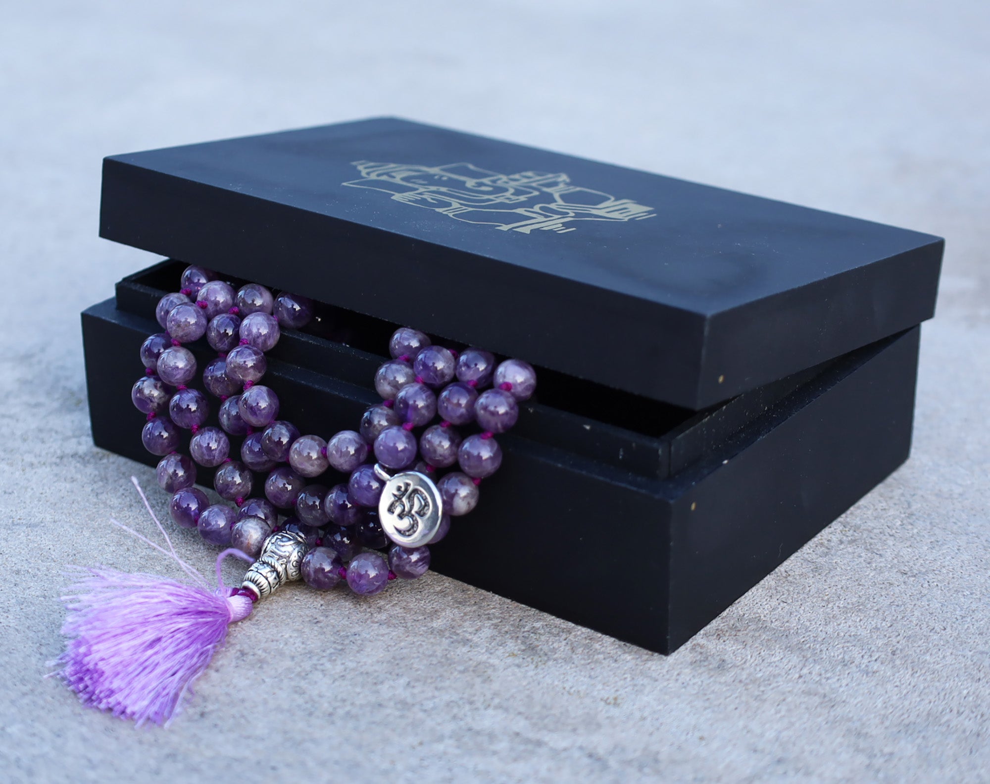 Gemstone OM Charm 108 Beads Prayer Mala With Box - DharmaObjects