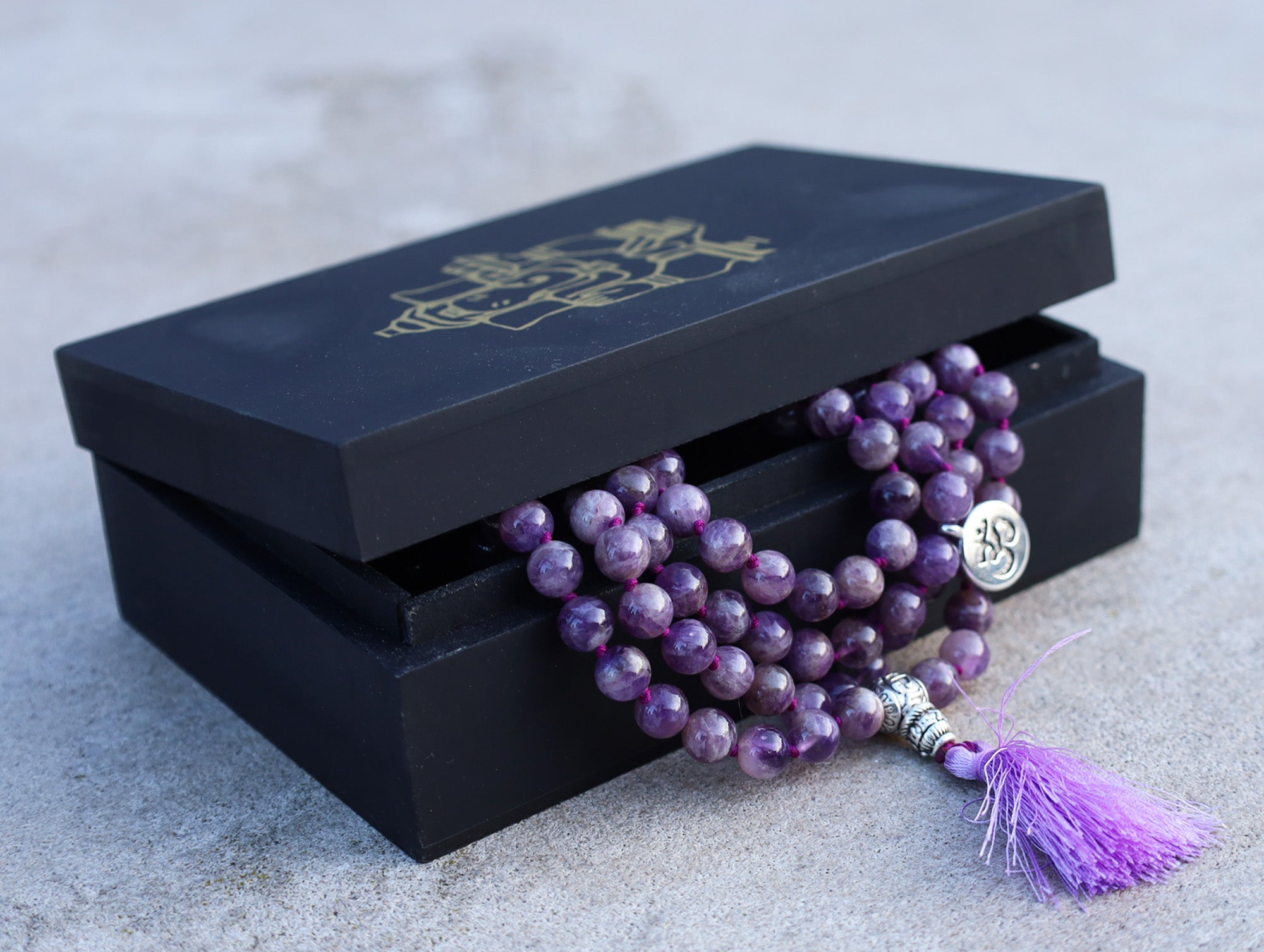Gemstone OM Charm 108 Beads Prayer Mala With Box - DharmaObjects