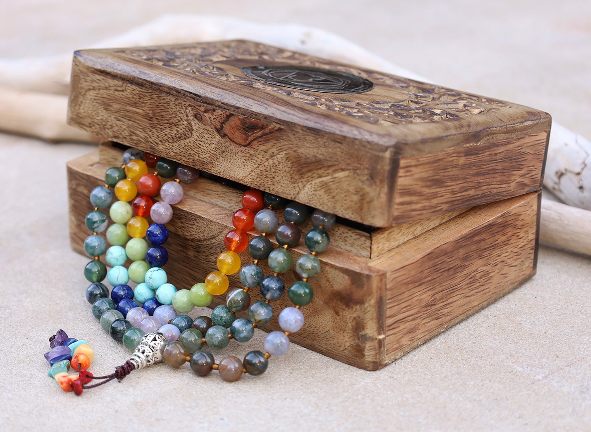 Indian Agate Chakra 108 Bead Meditation Mala | Multi Gemstone Prayer Beads | Yoga Healing Japa Mala | Buddhist Spiritual Necklace - DharmaObjects