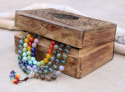 Tibetan Indian Agate Chakra 108 Beads Mala Meditation Yoga With Silver Guru Bead, Silver Spacers And Mala Wooden Box