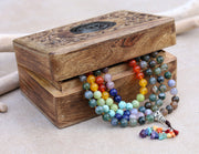 Tibetan Indian Agate Chakra 108 Beads Mala Meditation Yoga With Silver Guru Bead, Silver Spacers And Mala Wooden Box