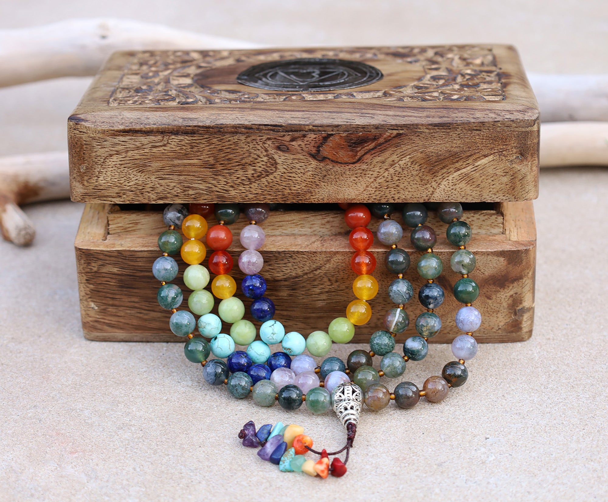Indian Agate Chakra 108 Bead Meditation Mala | Multi Gemstone Prayer Beads | Yoga Healing Japa Mala | Buddhist Spiritual Necklace - DharmaObjects