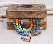 Tibetan Indian Agate Chakra 108 Beads Mala Meditation Yoga With Silver Guru Bead, Silver Spacers And Mala Wooden Box
