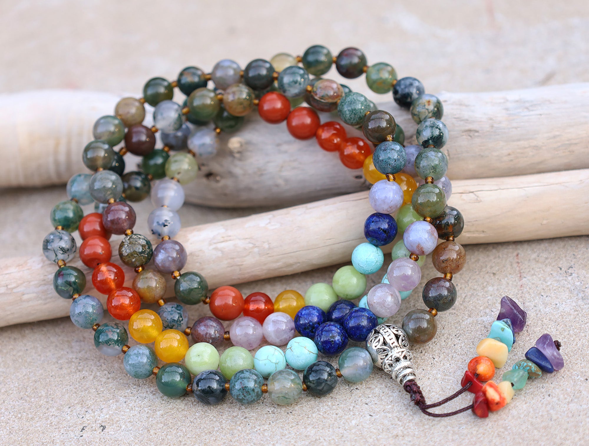 Indian Agate Chakra 108 Bead Meditation Mala | Multi Gemstone Prayer Beads | Yoga Healing Japa Mala | Buddhist Spiritual Necklace - DharmaObjects