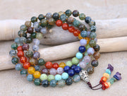 Tibetan Indian Agate Chakra 108 Beads Mala Meditation Yoga With Silver Guru Bead, Silver Spacers And Mala Wooden Box