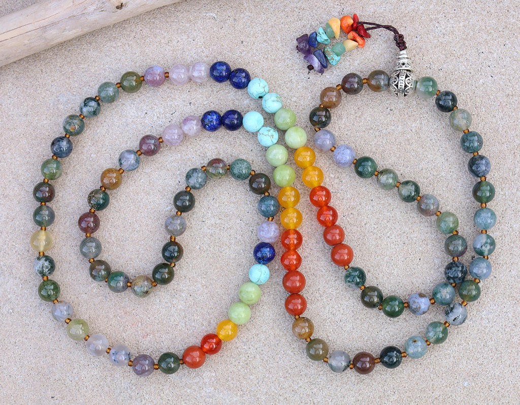 Indian Agate Chakra 108 Bead Meditation Mala | Multi Gemstone Prayer Beads | Yoga Healing Japa Mala | Buddhist Spiritual Necklace - DharmaObjects