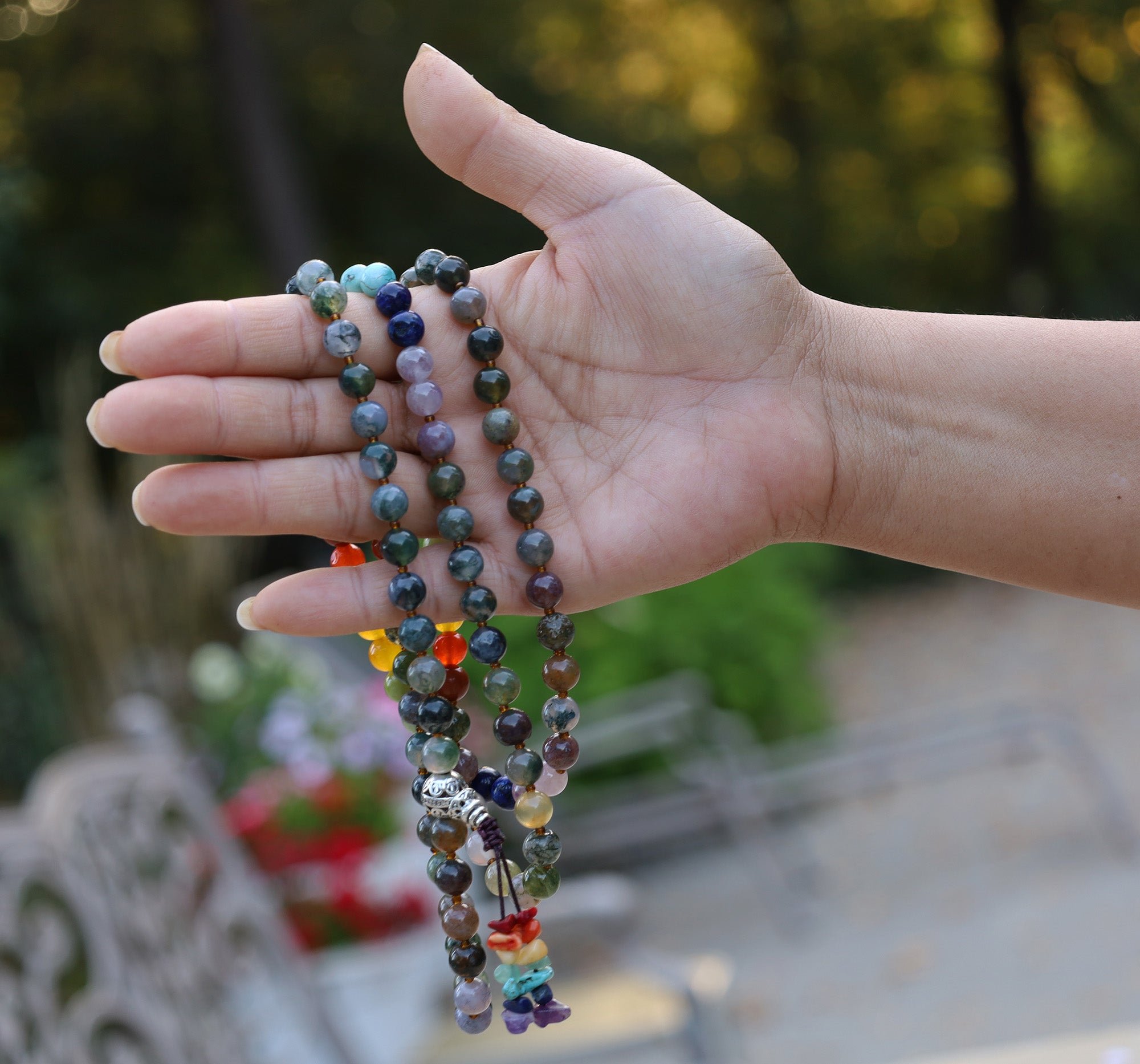 Indian Agate Chakra 108 Bead Meditation Mala | Multi Gemstone Prayer Beads | Yoga Healing Japa Mala | Buddhist Spiritual Necklace - DharmaObjects