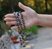 Tibetan Indian Agate Chakra 108 Beads Mala Meditation Yoga With Silver Guru Bead, Silver Spacers And Mala Wooden Box