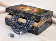Tibetan Prayer Meditation 108 Beads Labradorite Mala with Silver Guru Bead Spacers And Mala Wooden Box