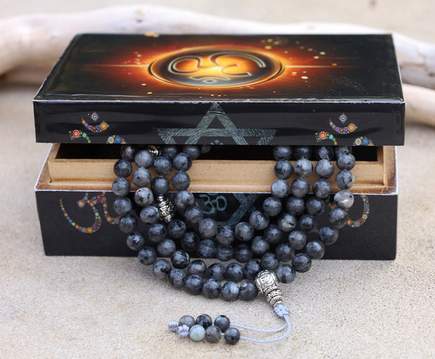 Tibetan Prayer Meditation 108 Beads Labradorite Mala with Silver Guru Bead Spacers And Mala Wooden Box