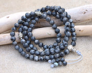 Tibetan Prayer Meditation 108 Beads Labradorite Mala with Silver Guru Bead Spacers And Mala Wooden Box