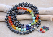 Tibetan Labradorite Chakra 108 Beads Mala Meditation Yoga With Silver Guru Bead, Silver Spacers And Mala Wooden Box