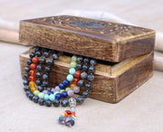 Tibetan Labradorite Chakra 108 Beads Mala Meditation Yoga With Silver Guru Bead, Silver Spacers And Mala Wooden Box
