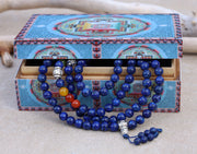 Tibetan Prayer Meditation Healing Chakra Lapis Lazuli 108 Beads Mala With Silver Guru Bead , Silver Spacers And Mala Wooden Box