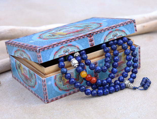 Tibetan Prayer Meditation Healing Chakra Lapis Lazuli 108 Beads Mala With Silver Guru Bead , Silver Spacers And Mala Wooden Box