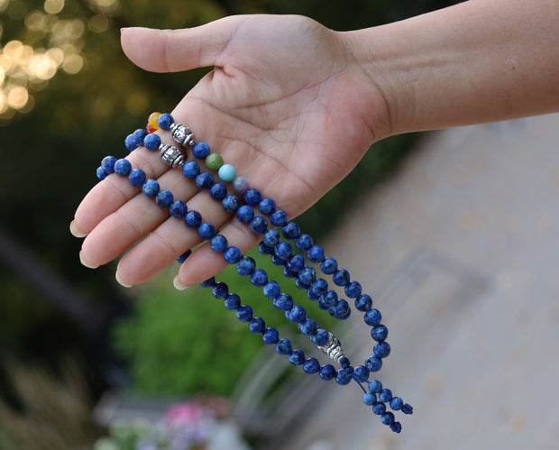 Tibetan Prayer Meditation Healing Chakra Lapis Lazuli 108 Beads Mala With Silver Guru Bead , Silver Spacers And Mala Wooden Box