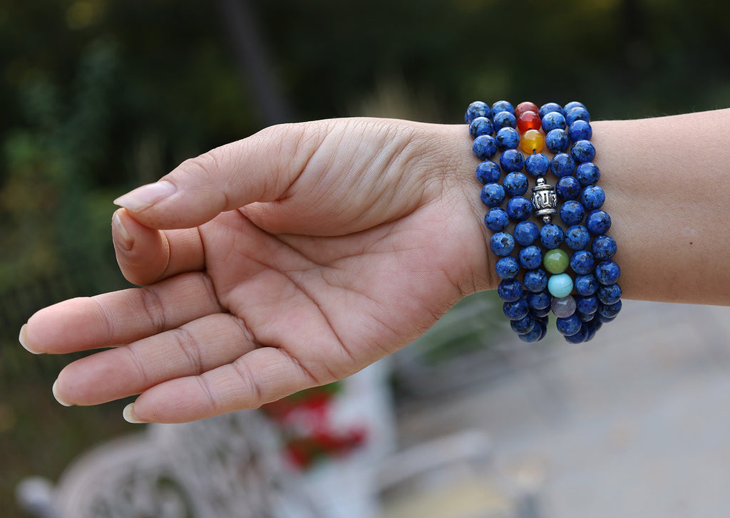 Lapis Lazuli Chakra 108 Bead Meditation Mala Necklace | Om Mani Padme Hum Prayer Beads | Buddhist Mala | Yoga Jewelry | Crystal Spiritual Gift - DharmaObjects