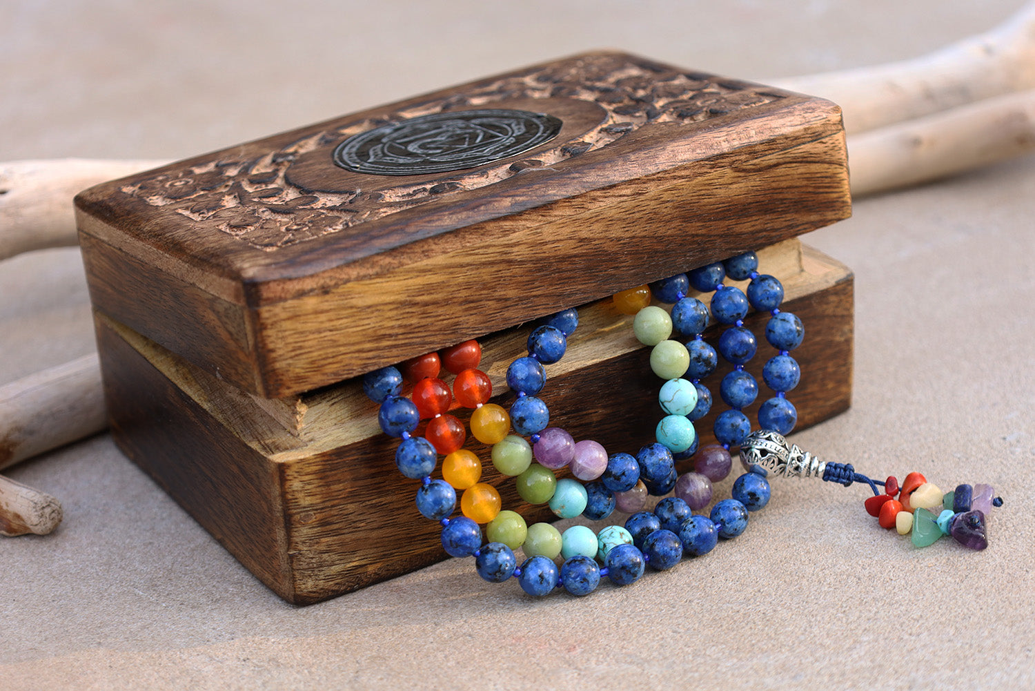 Tibetan Lapis Lazuli Chakra 108 Beads Mala Meditation Yoga With Silver Guru Bead, Silver Spacers And Mala Wooden Box - DharmaObjects