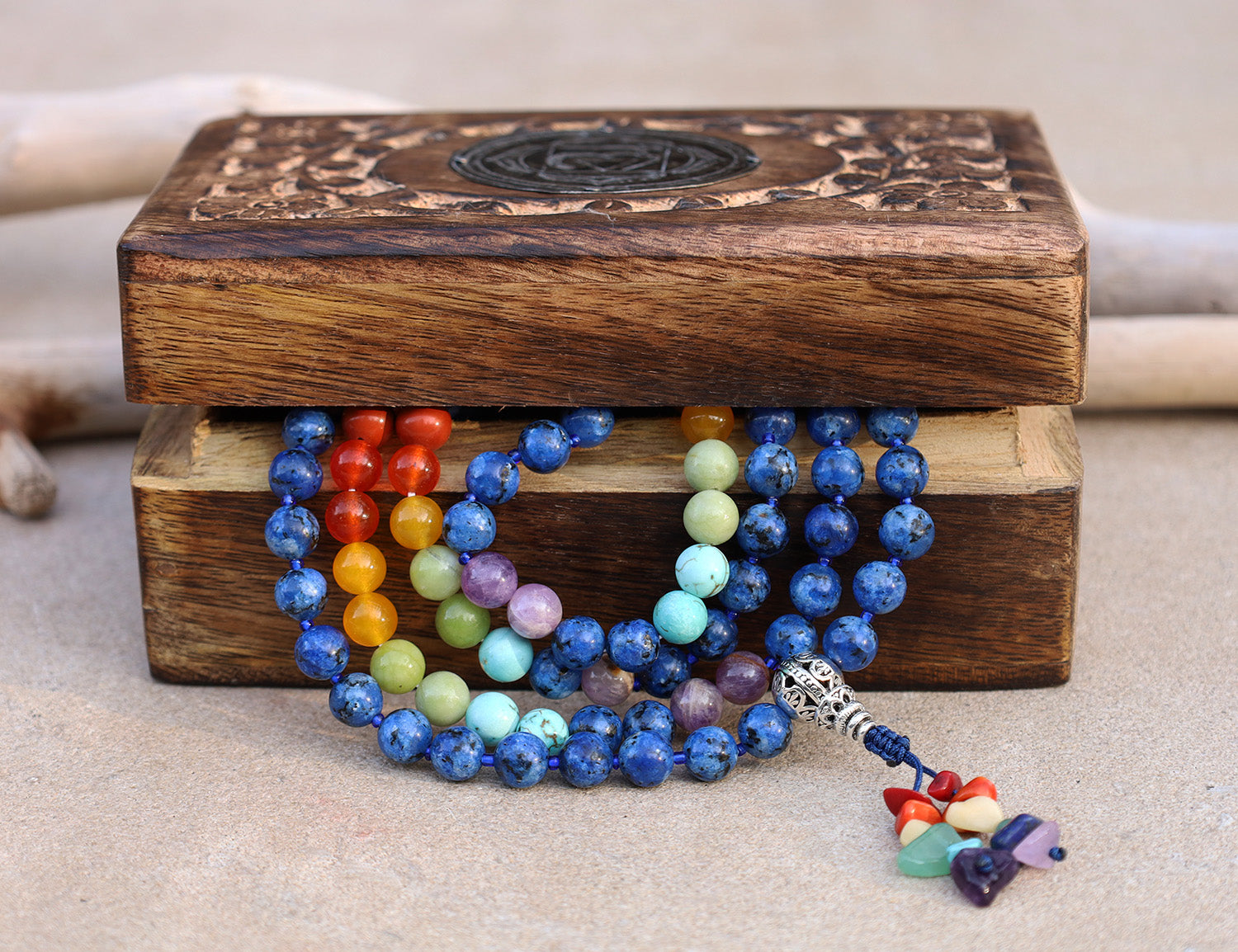 Tibetan Lapis Lazuli Chakra 108 Beads Mala Meditation Yoga With Silver Guru Bead, Silver Spacers And Mala Wooden Box - DharmaObjects