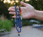 Tibetan Lapis Lazuli Chakra 108 Beads Mala Meditation Yoga With Silver Guru Bead, Silver Spacers And Mala Wooden Box - DharmaObjects