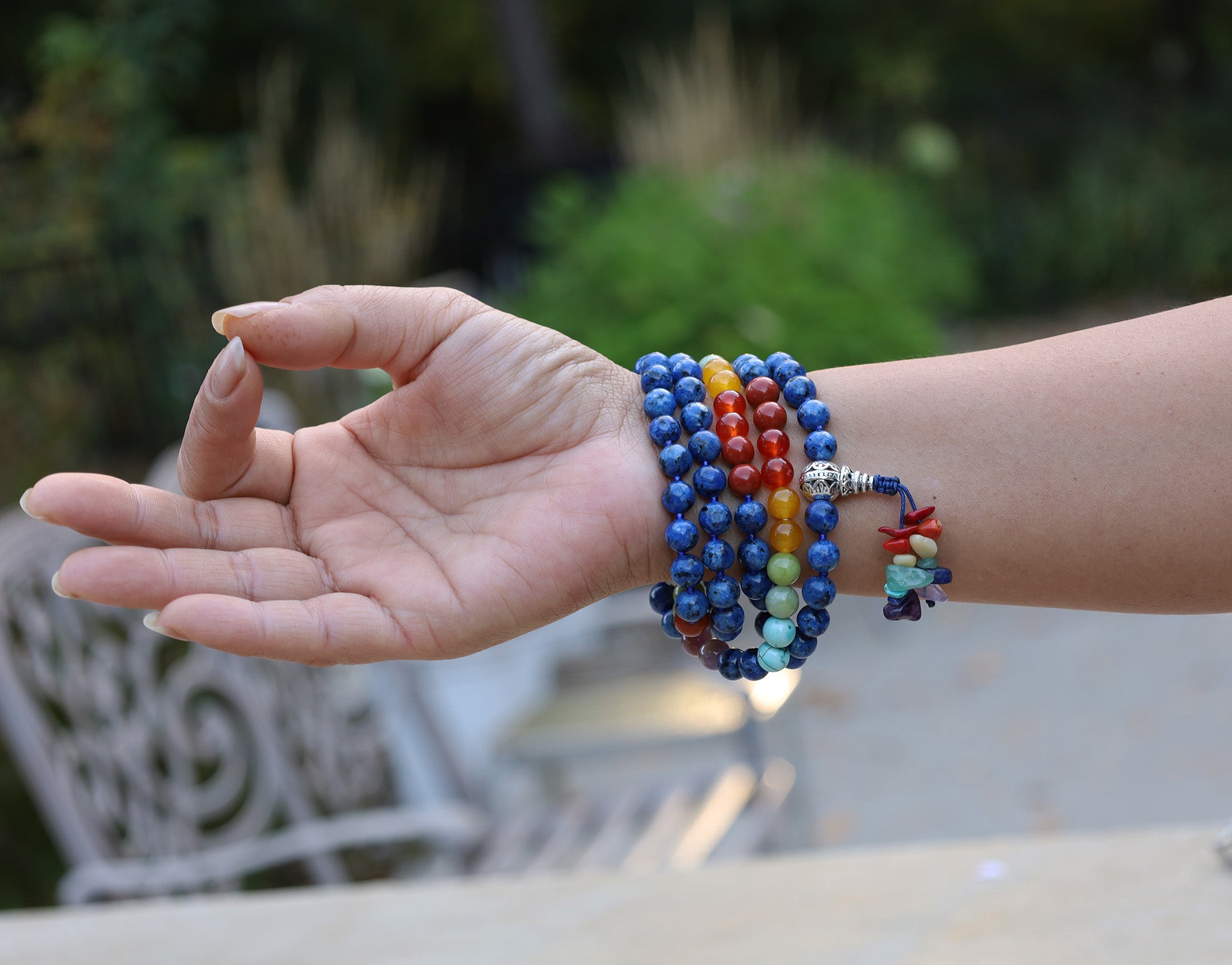 Tibetan Lapis Lazuli Chakra 108 Beads Mala Meditation Yoga With Silver Guru Bead, Silver Spacers And Mala Wooden Box - DharmaObjects
