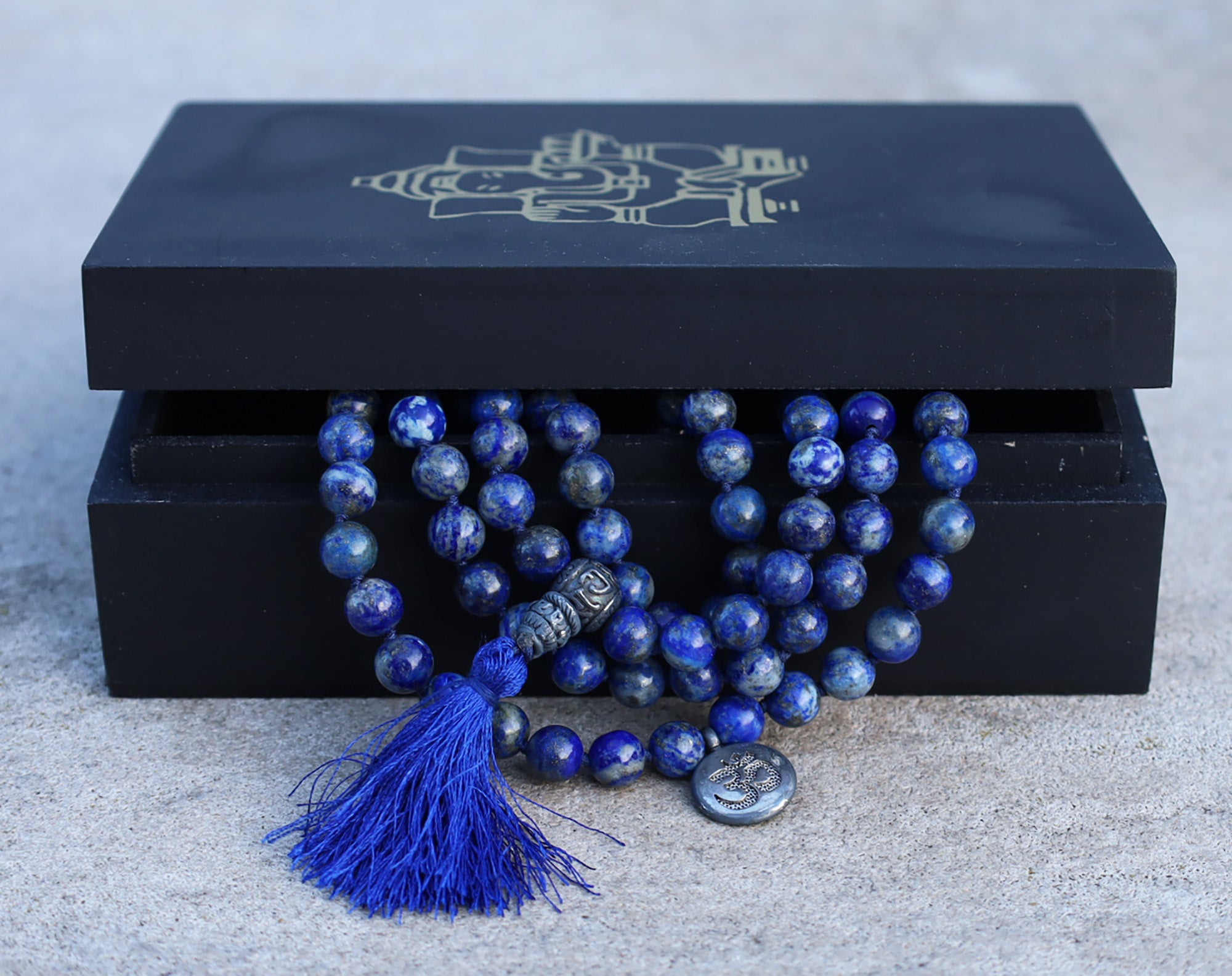 Gemstone OM Charm 108 Beads Prayer Mala With Box - DharmaObjects