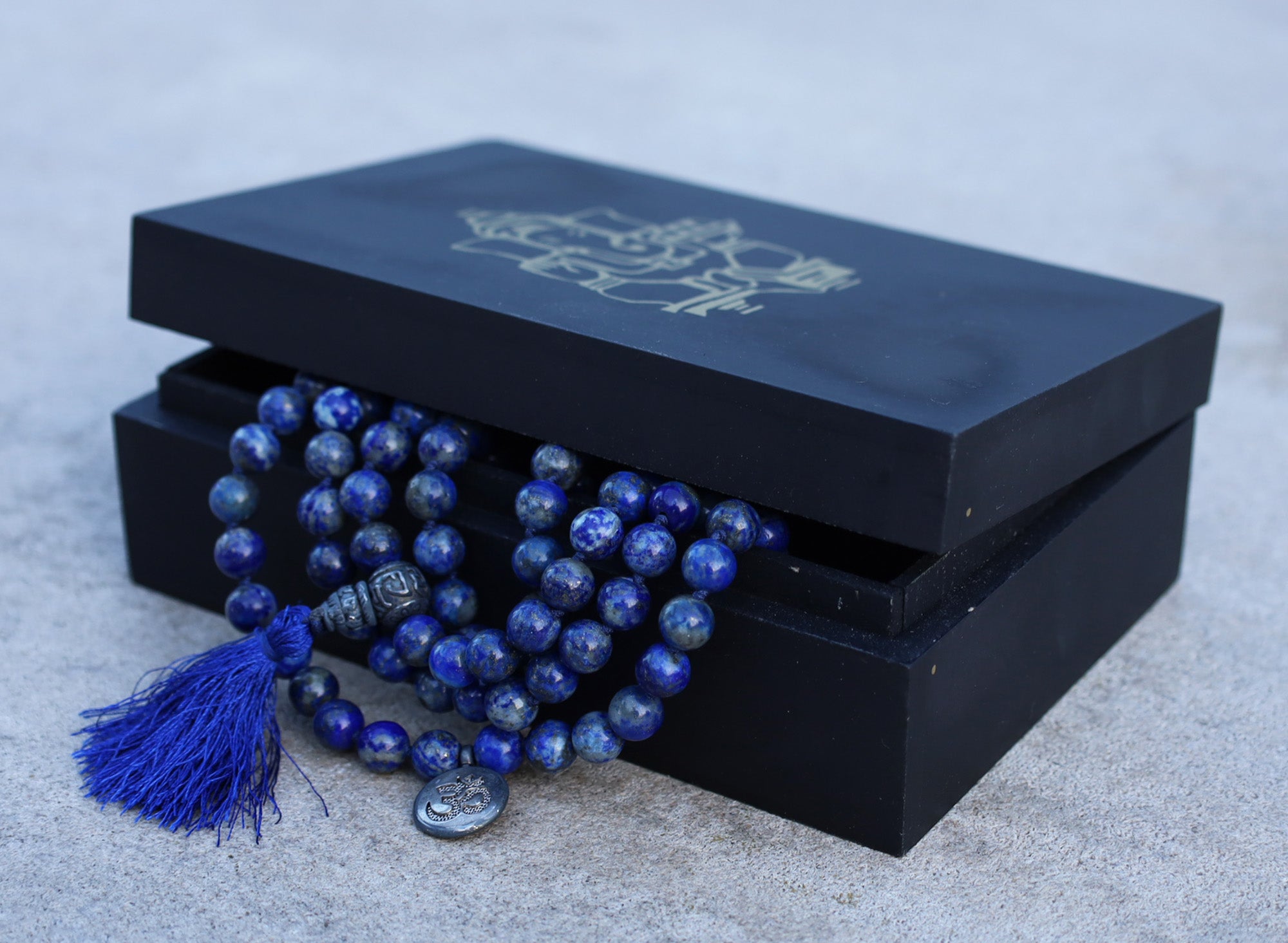 Gemstone OM Charm 108 Beads Prayer Mala With Box - DharmaObjects