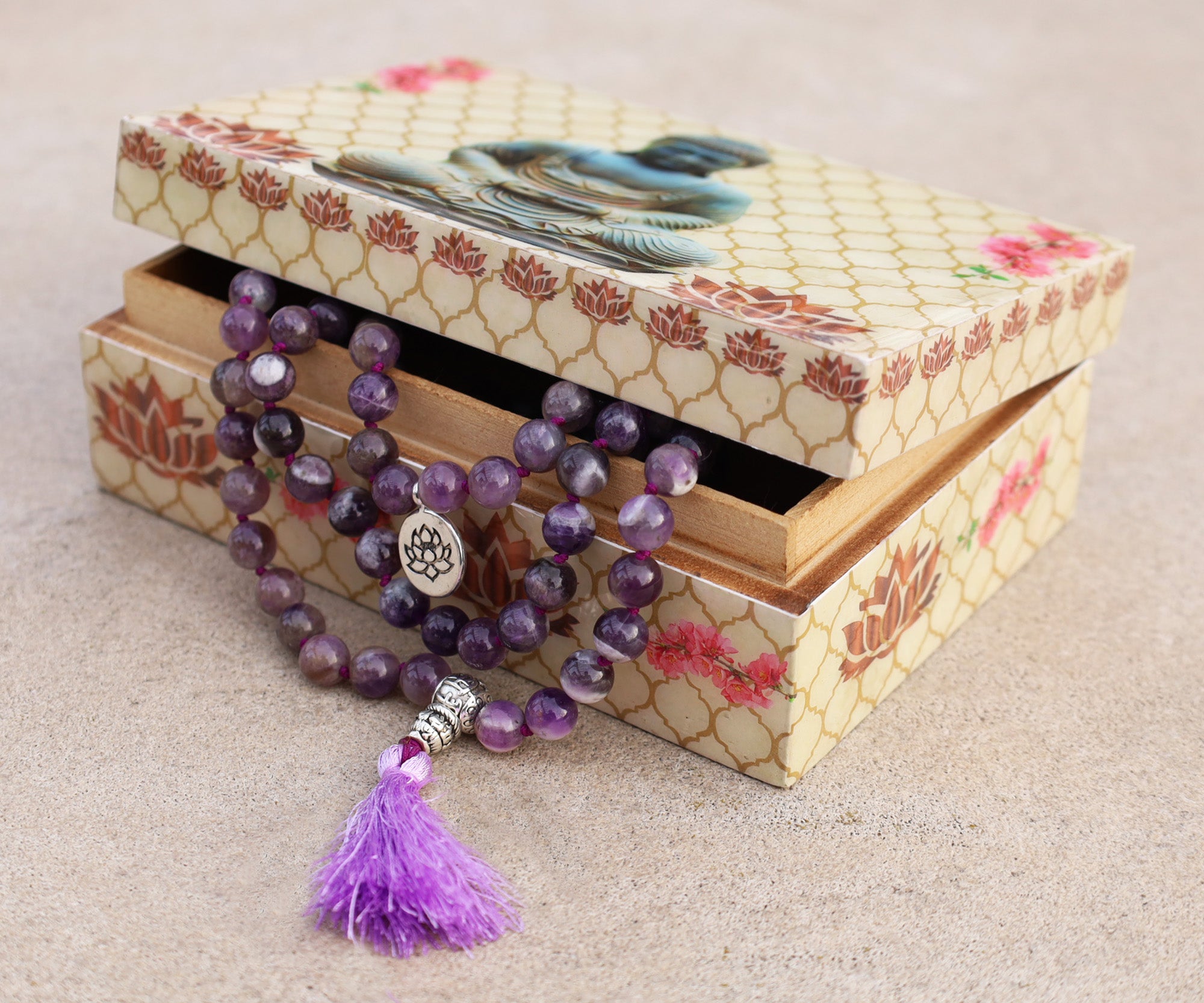 Gemstone Lotus Charm 108 Beads Prayer Mala With Box - DharmaObjects