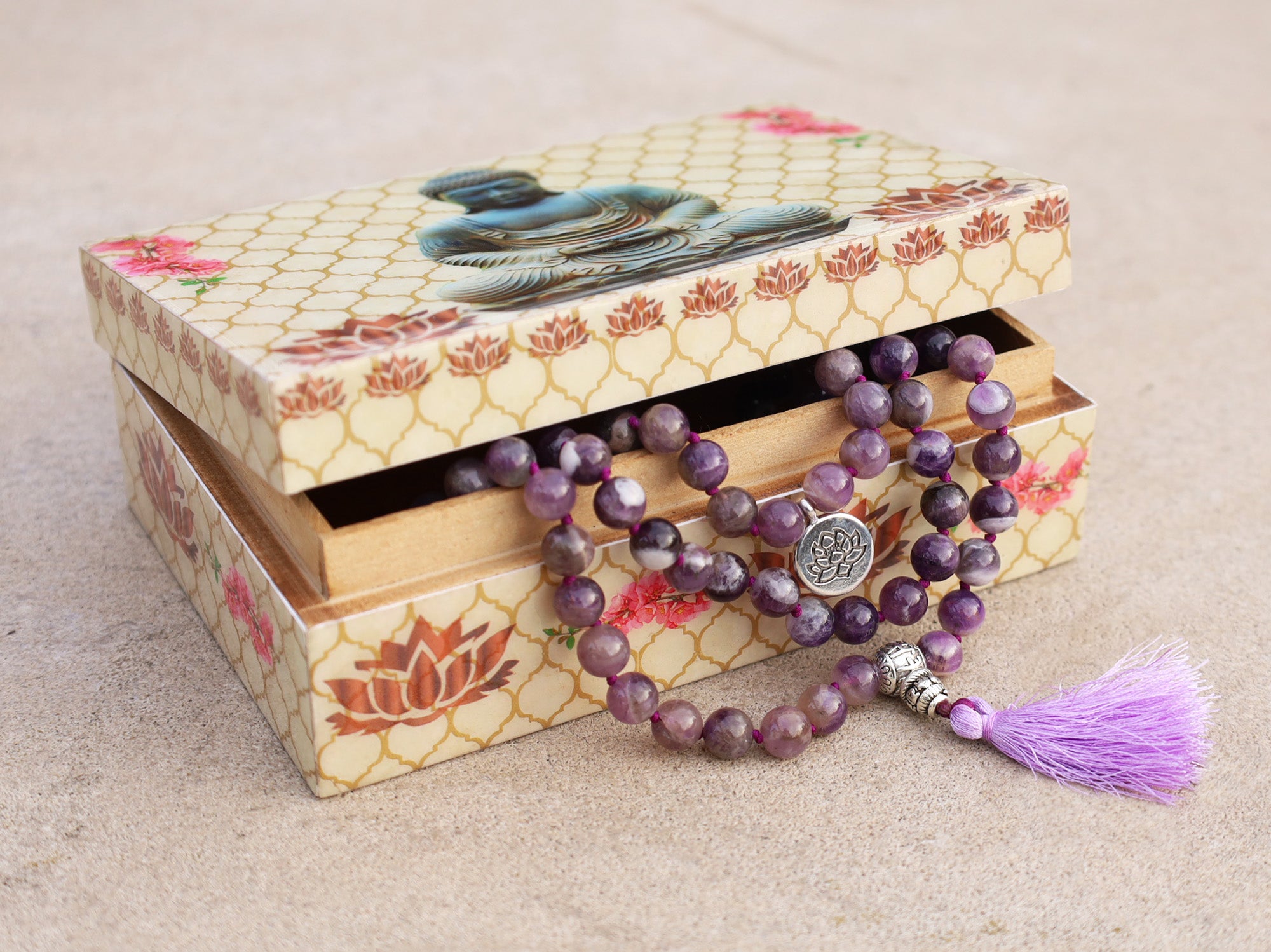 Gemstone Lotus Charm 108 Beads Prayer Mala With Box - DharmaObjects