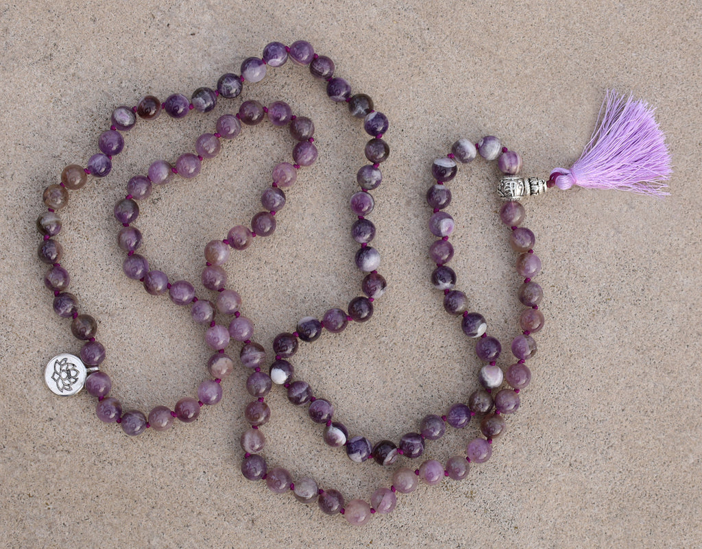 Gemstone Lotus Charm 108 Beads Prayer Mala With Box - DharmaObjects