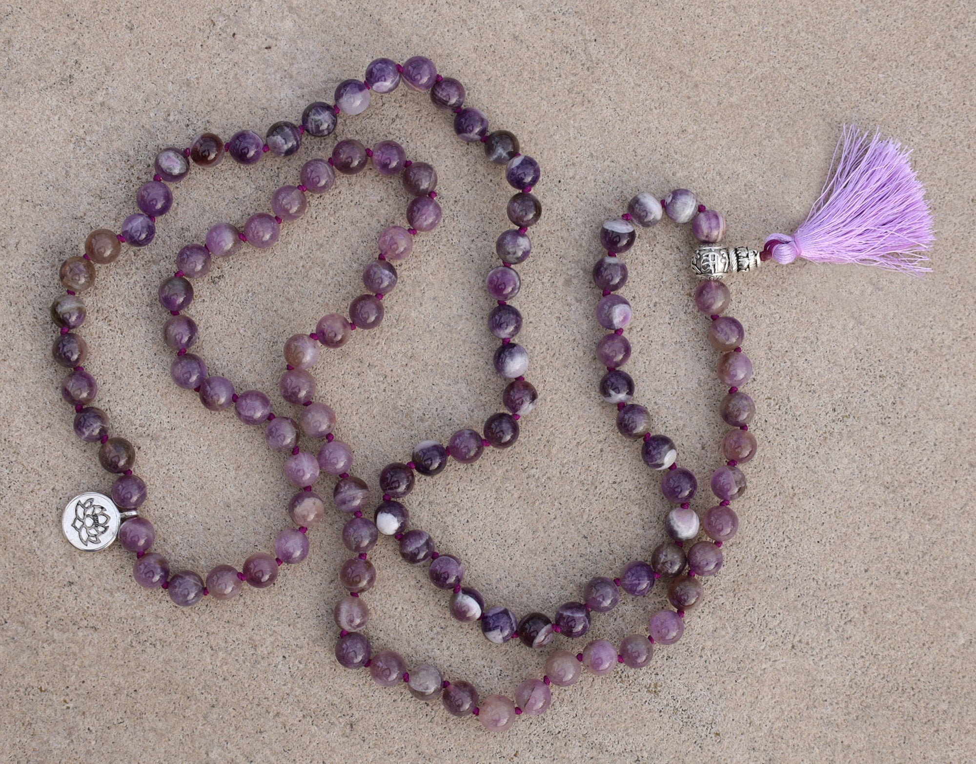 Gemstone Lotus Charm 108 Beads Prayer Mala With Box - DharmaObjects