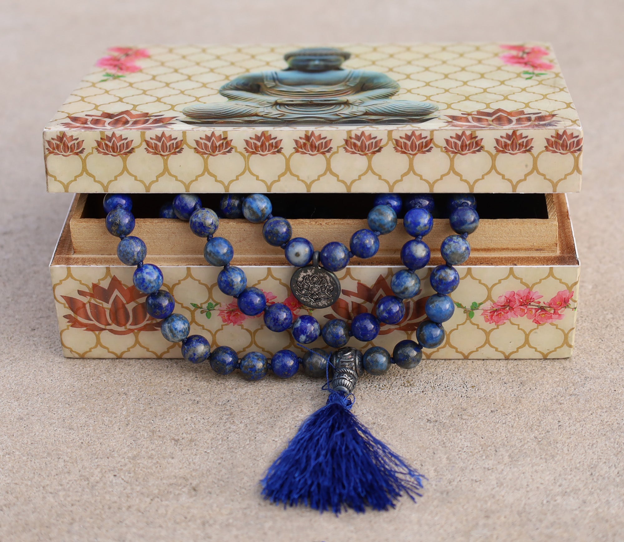 Gemstone Lotus Charm 108 Beads Prayer Mala With Box - DharmaObjects