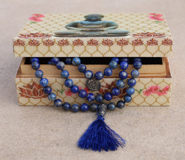 Tibetan Lotus Healing Stone 108 Beads Mala Prayer Meditation Yoga Chakra With Silver Guru Bead And Silver Spacers - Free Wooden Gift Box