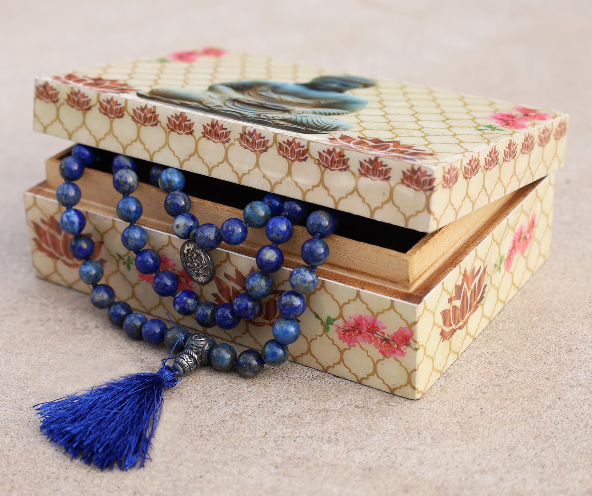 Gemstone Lotus Charm 108 Beads Prayer Mala With Box - DharmaObjects