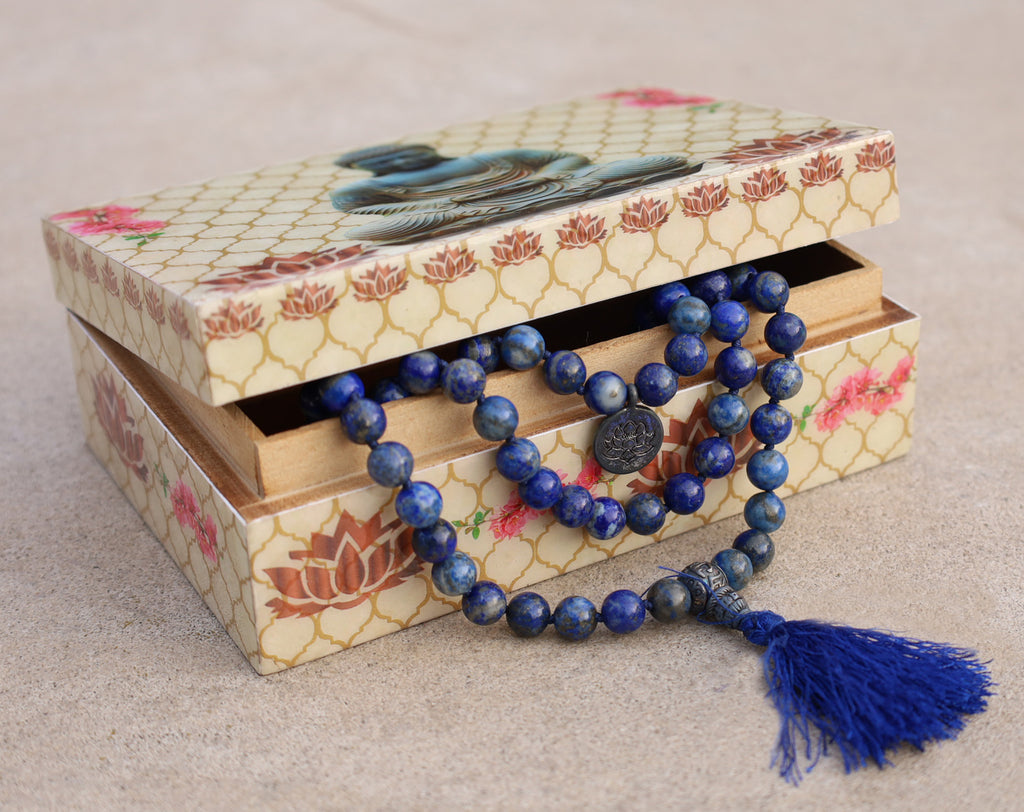Gemstone Lotus Charm 108 Beads Prayer Mala With Box - DharmaObjects