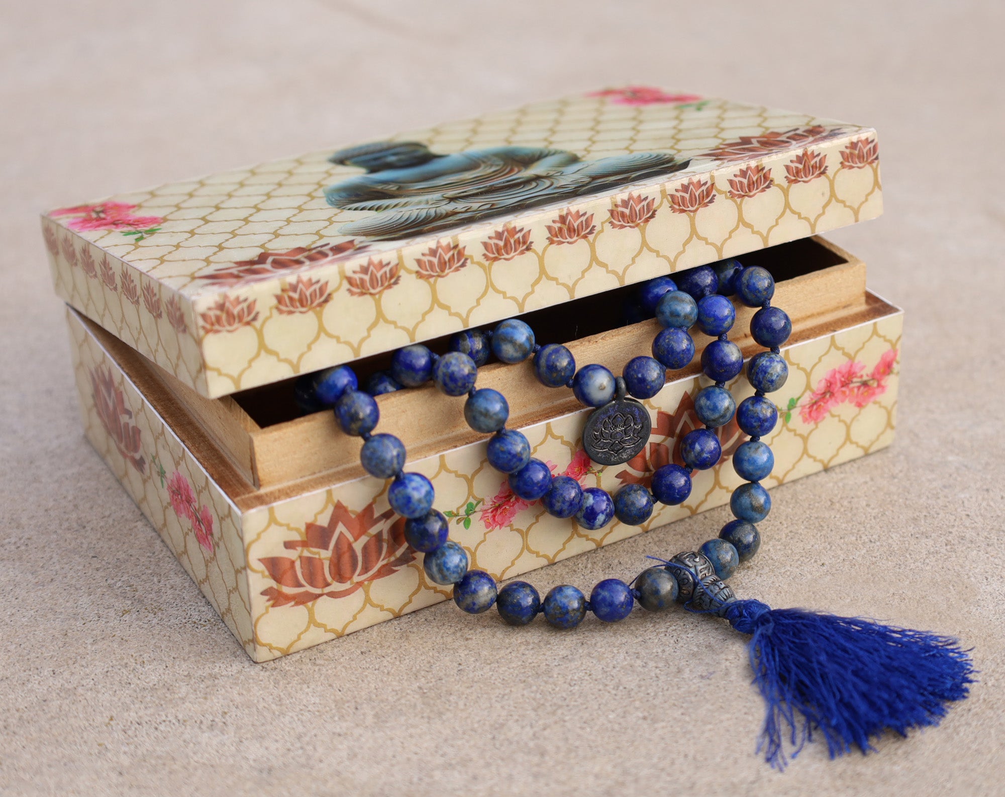 Gemstone Lotus Charm 108 Beads Prayer Mala With Box - DharmaObjects