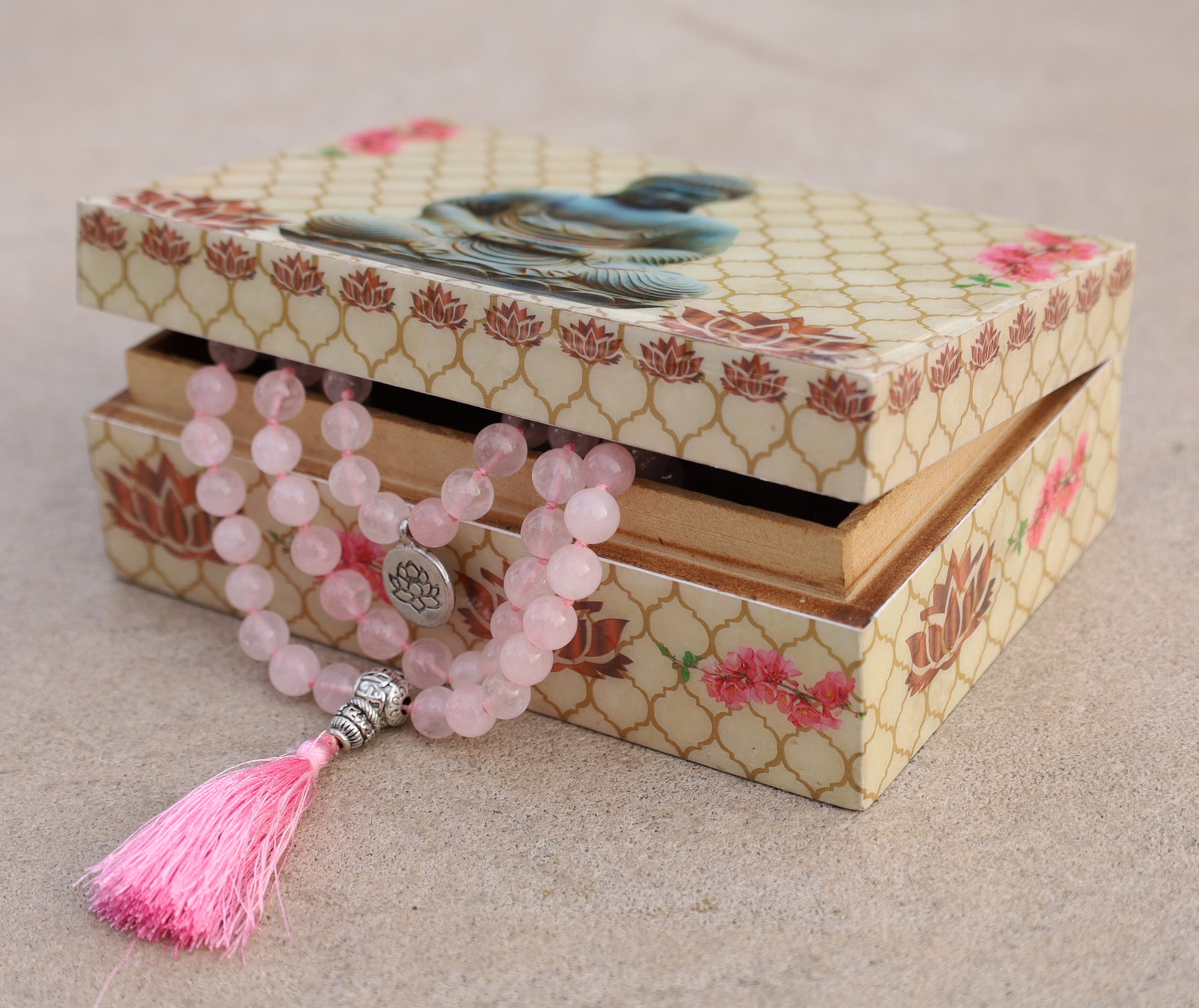 Gemstone Lotus Charm 108 Beads Prayer Mala With Box - DharmaObjects