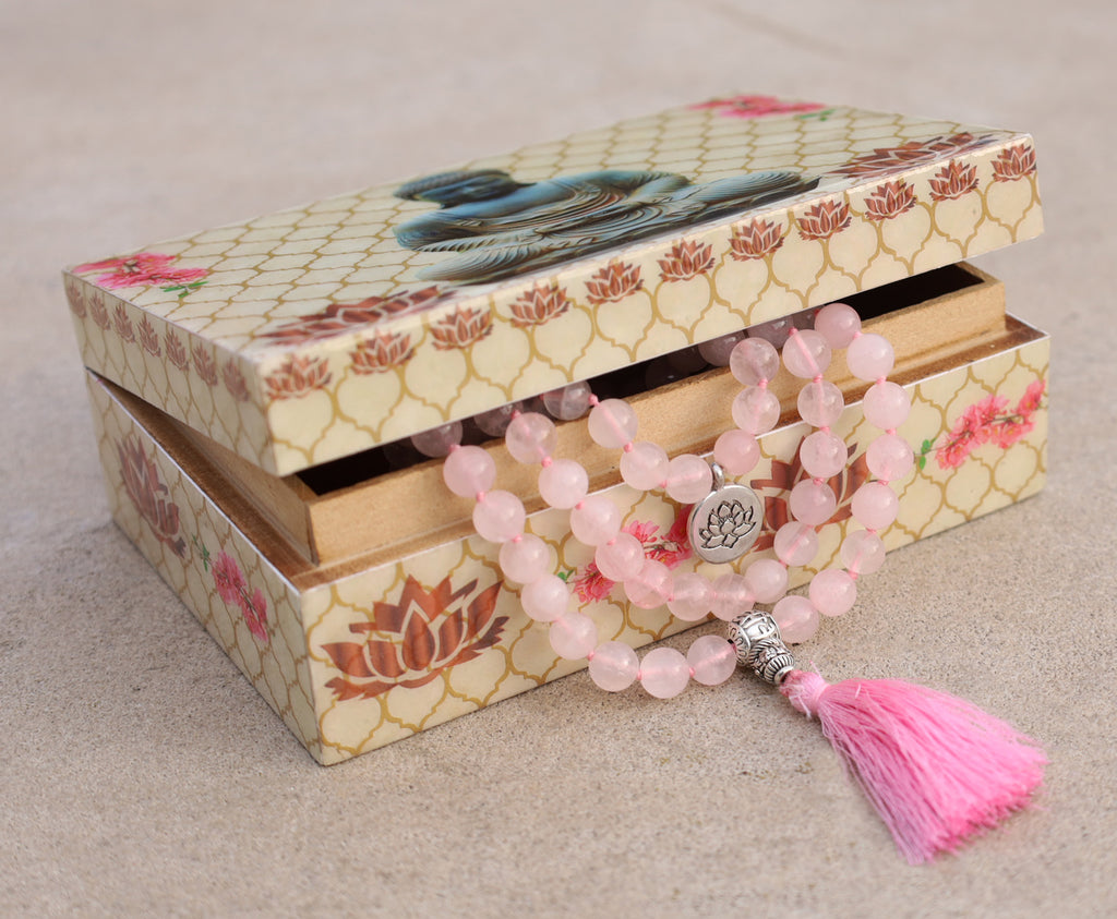 Gemstone Lotus Charm 108 Beads Prayer Mala With Box - DharmaObjects