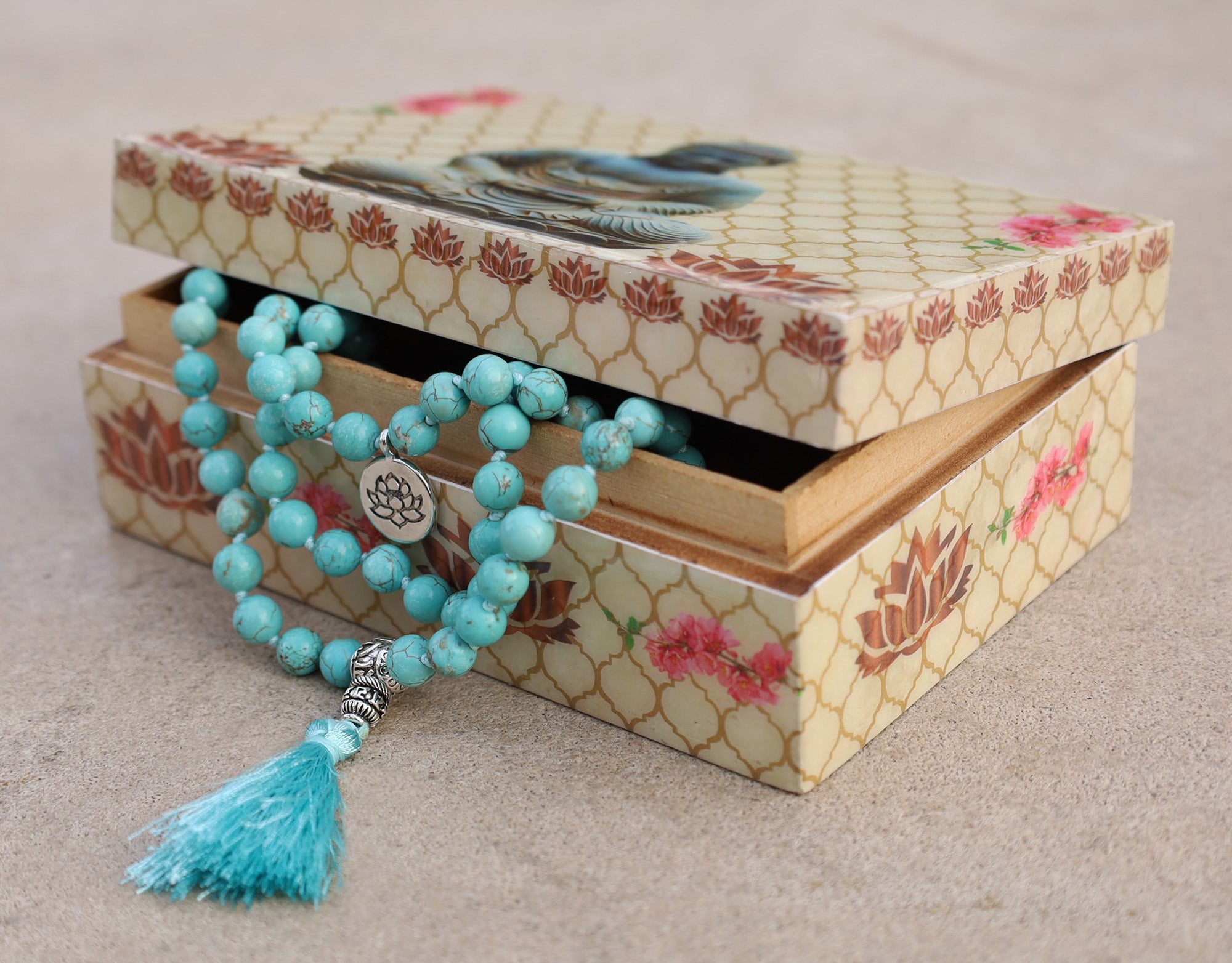 Gemstone Lotus Charm 108 Beads Prayer Mala With Box - DharmaObjects