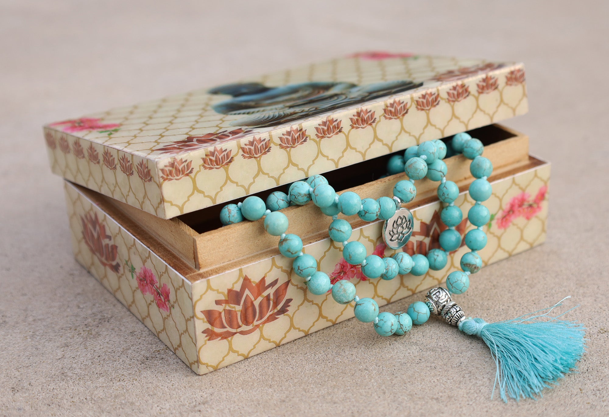 Gemstone Lotus Charm 108 Beads Prayer Mala With Box - DharmaObjects