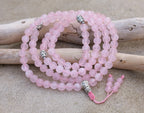 Tibetan Rose Quartz Mala 108 Beads –  Silver Guru Bead & Om Mani Spacers