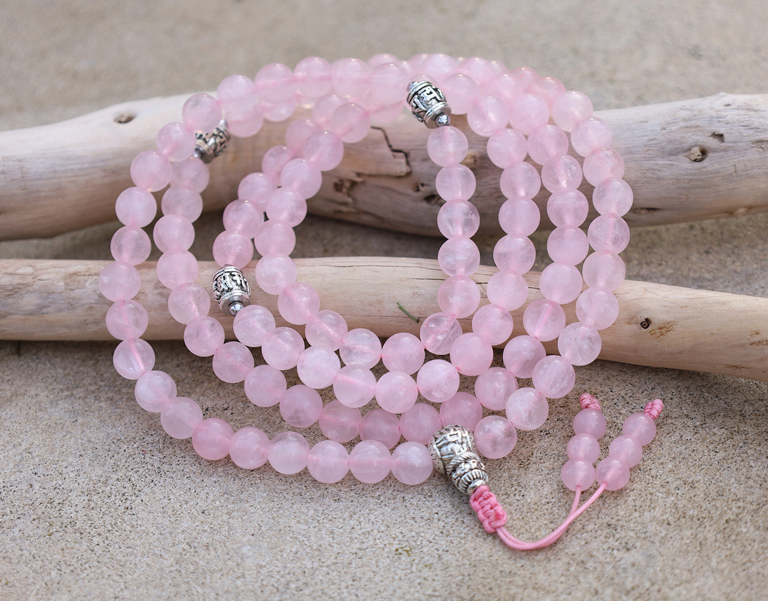 Tibetan Rose Quartz Mala 108 Beads –  Silver Guru Bead & Om Mani Spacers