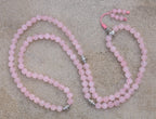 Tibetan Rose Quartz Mala 108 Beads –  Silver Guru Bead & Om Mani Spacers