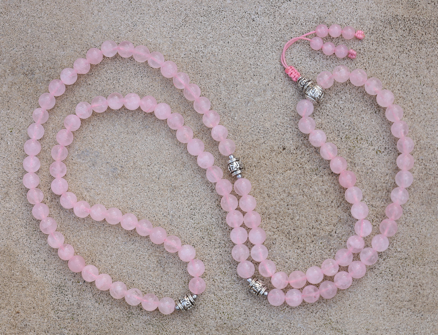 Tibetan Rose Quartz Mala 108 Beads –  Silver Guru Bead & Om Mani Spacers