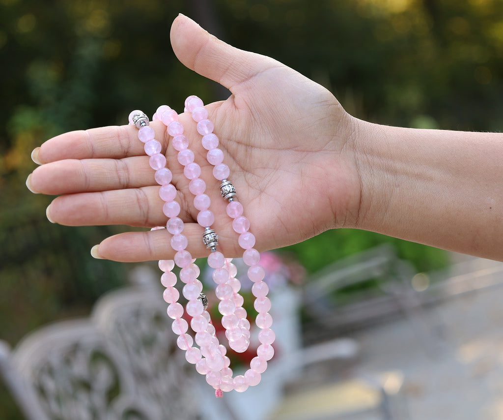 Tibetan Rose Quartz Mala 108 Beads –  Silver Guru Bead & Om Mani Spacers