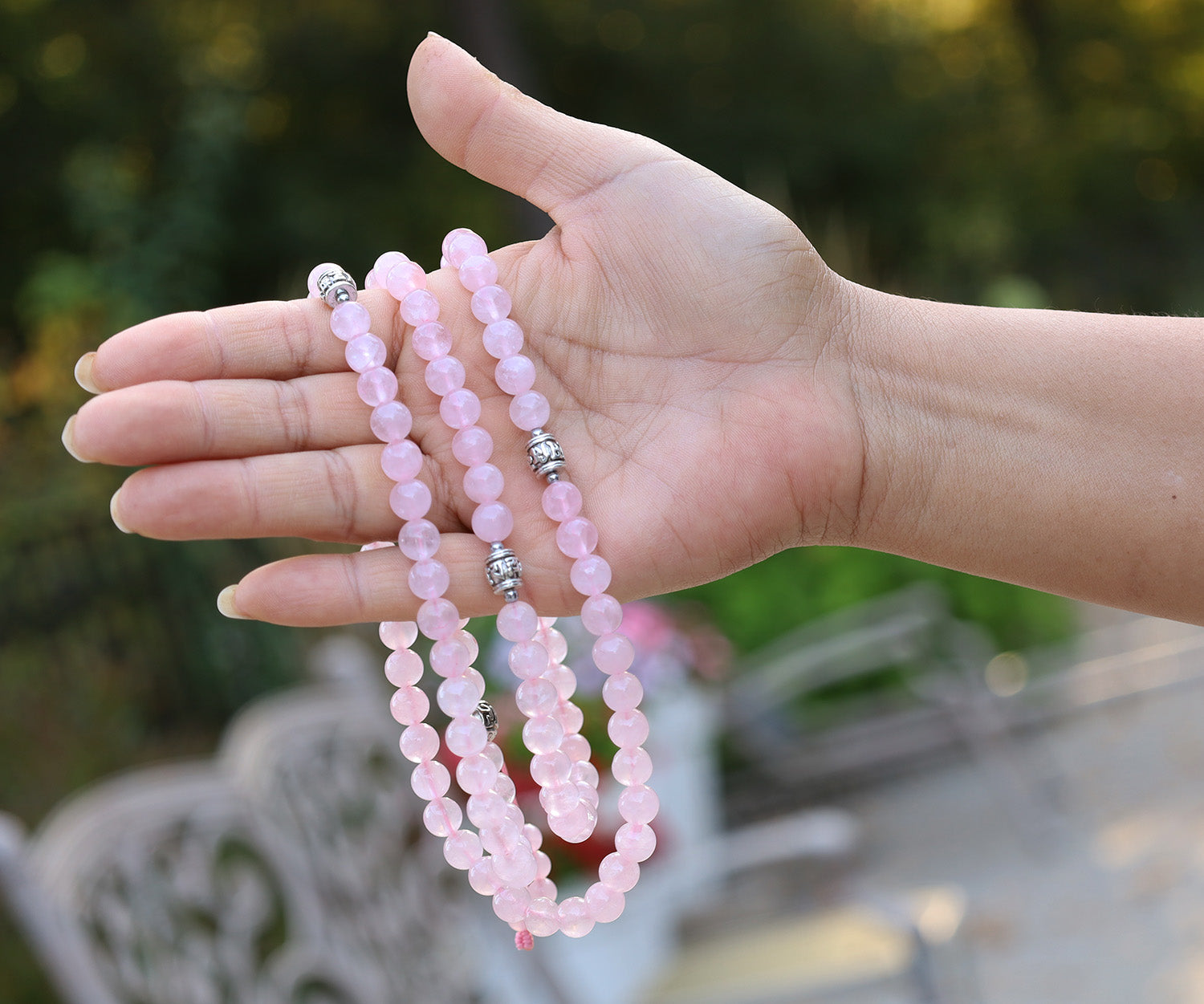 Tibetan Rose Quartz Mala 108 Beads –  Silver Guru Bead & Om Mani Spacers